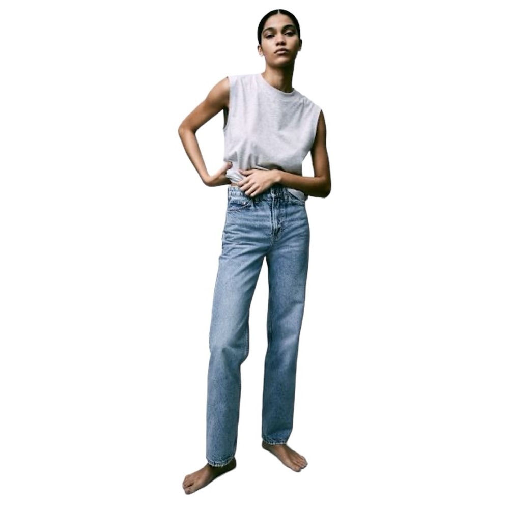 & DENIM Ultra High Rise Wide Leg Ankle Crop Jeans in light blue wash
